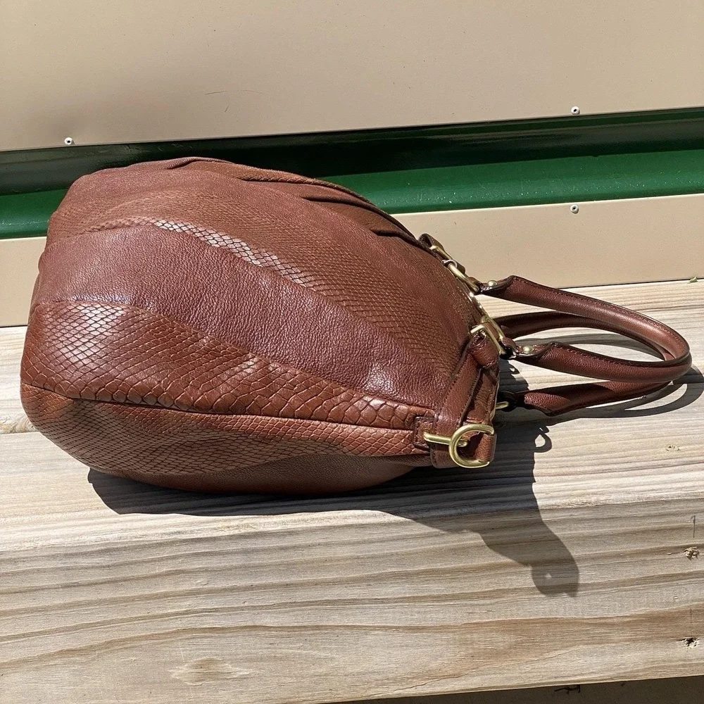 Coach Madison Diagonal Pleated Mixed Exotic Lindsey Satchel F21318 Tobacco Brown